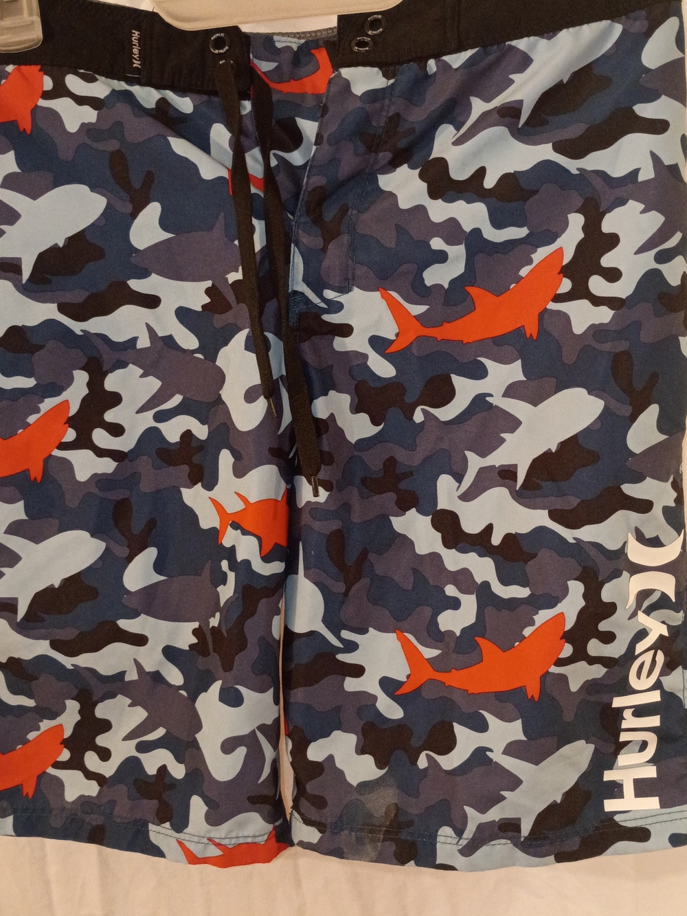 Hurley Boys Blue Camouflage Swim Trunks with Orange Shark Print